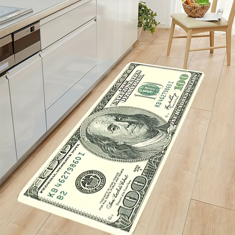 Polyester 3D Dollar Bill Carpet featuring a 1cm thick foam, Money design, suitable for the living room floor, bedroom door, and kids bedroom decor. This home carpet is also machine washable.