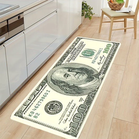 Polyester 3D Dollar Bill Carpet featuring a 1cm thick foam, Money design, suitable for the living room floor, bedroom door, and kids bedroom decor. This home carpet is also machine washable.