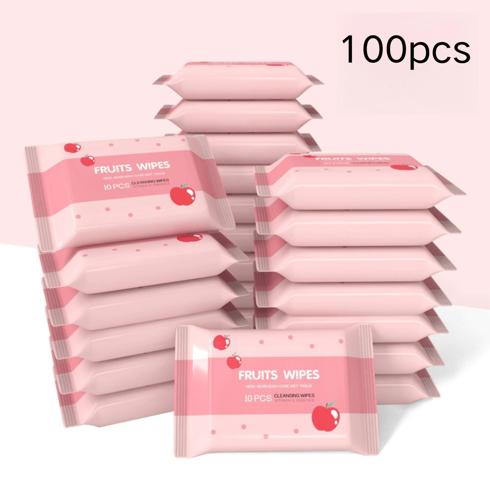 Small pack of 50-100 wet wipes, each containing 10 non-woven wipes for outdoor travel. Independent and portable.