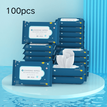 Small pack of 50-100 wet wipes, each containing 10 non-woven wipes for outdoor travel. Independent and portable.