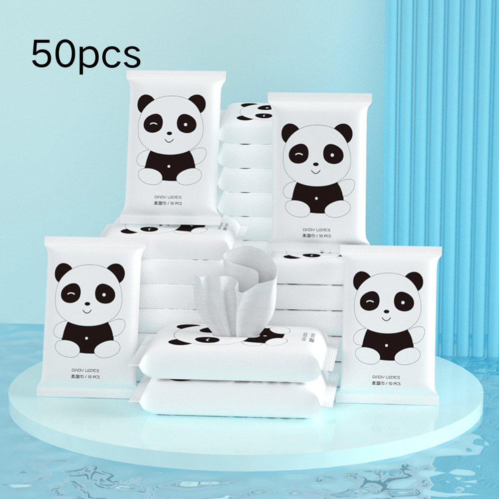 Small pack of 50-100 wet wipes, each containing 10 non-woven wipes for outdoor travel. Independent and portable.