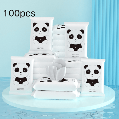 Small pack of 50-100 wet wipes, each containing 10 non-woven wipes for outdoor travel. Independent and portable.