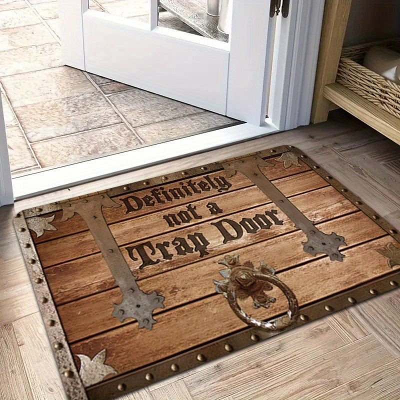 1pc Funny "Absolutely not a Trap Door" Polyester Doormat with Non-Slip Backing, Easy to Clean Floor Mat for Bedroom, Living Room, and Hotel Decor - Soft 1cm Sponge Padding