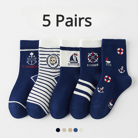 5 pairs of boy's cartoon sports crew socks for autumn/winter, soft and breathable.