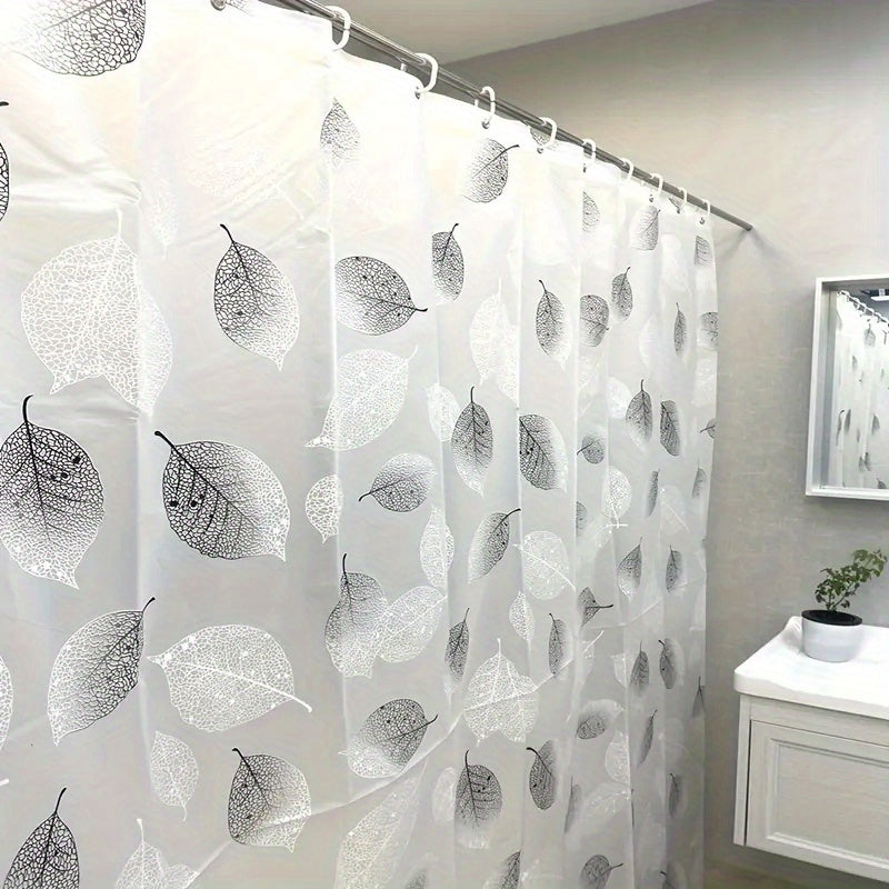 Waterproof PEVA shower curtain liner with leaf pattern and plastic hooks, suitable for various settings such as hotels, apartments, dormitories, and homes for bathroom and window decoration.