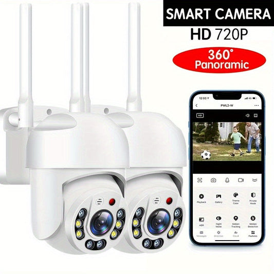 Experience high-quality outdoor surveillance with the 720P Outdoor PTZ Camera. This camera features a 360° pan/tilt view, color night vision, motion detection, two-way audio, and 2.4GHz Wi-Fi connectivity. It supports cloud and TF storage (sold