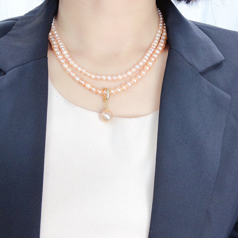 Stylish Double-Layered Pink Freshwater Pearl Necklace - A Versatile Fashion Statement for Women, Ideal Gift