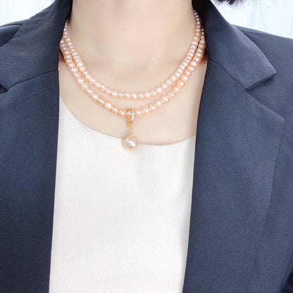 Stylish Double-Layered Pink Freshwater Pearl Necklace - A Versatile Fashion Statement for Women, Ideal Gift