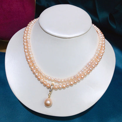 Stylish Double-Layered Pink Freshwater Pearl Necklace - A Versatile Fashion Statement for Women, Ideal Gift