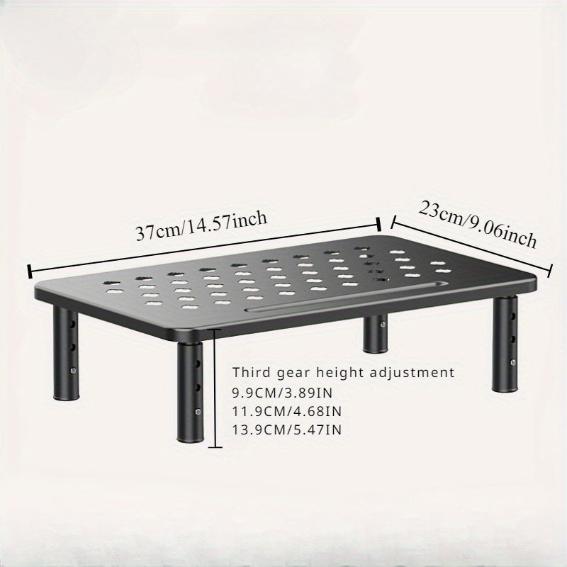 Carbon Steel Monitor Stand with Adjustable Height and Storage Shelf for Office Desk.