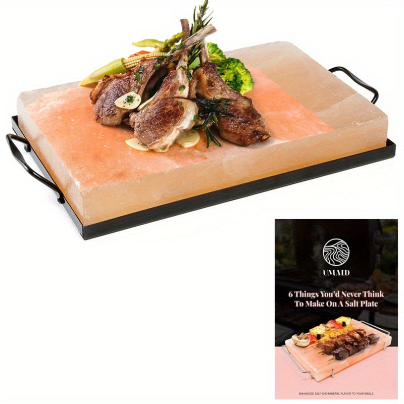 One piece of Himalayan salt block for grilling, cooking, cutting, and serving. Made from food-grade Himalayan pink salt stone with a stainless steel plate and recipe booklet included. A unique gift suitable for men, women, and chefs.