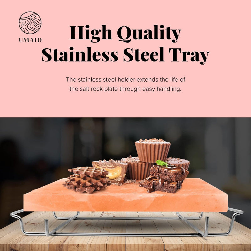 One piece of Himalayan salt block for grilling, cooking, cutting, and serving. Made from food-grade Himalayan pink salt stone with a stainless steel plate and recipe booklet included. A unique gift suitable for men, women, and chefs.