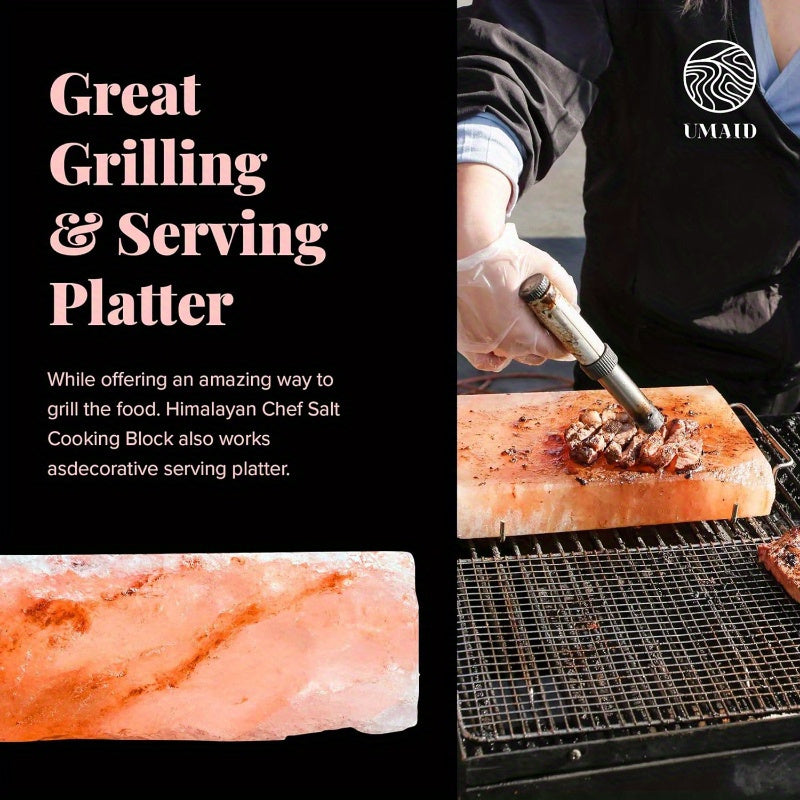 One piece of Himalayan salt block for grilling, cooking, cutting, and serving. Made from food-grade Himalayan pink salt stone with a stainless steel plate and recipe booklet included. A unique gift suitable for men, women, and chefs.