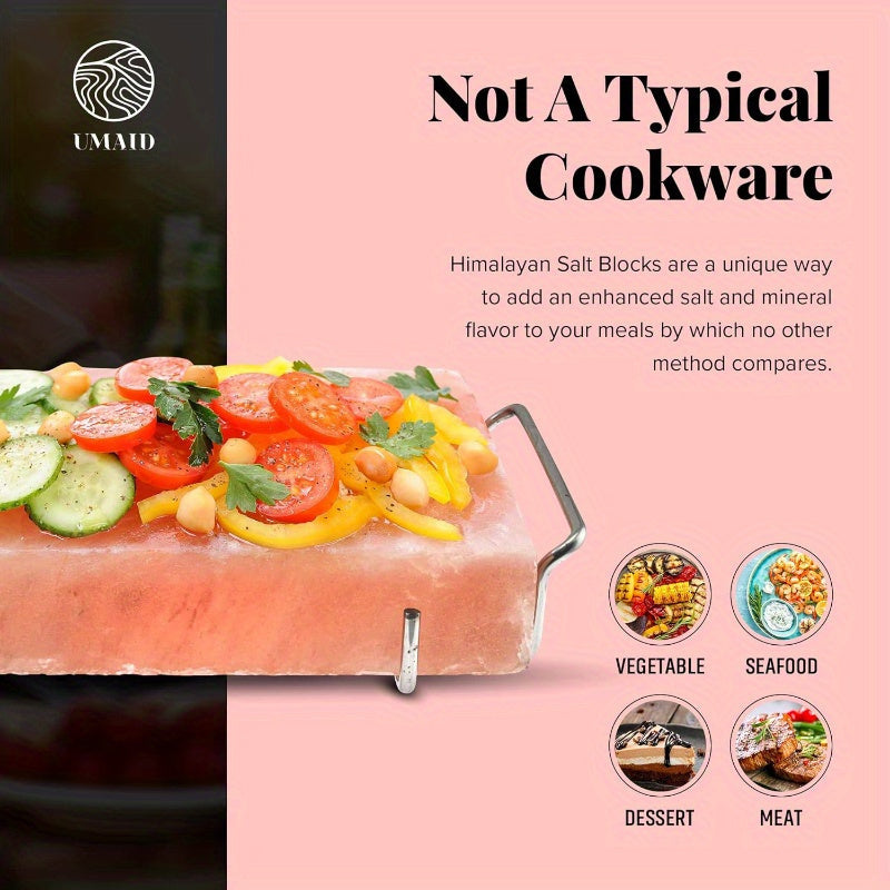 One piece of Himalayan salt block for grilling, cooking, cutting, and serving. Made from food-grade Himalayan pink salt stone with a stainless steel plate and recipe booklet included. A unique gift suitable for men, women, and chefs.