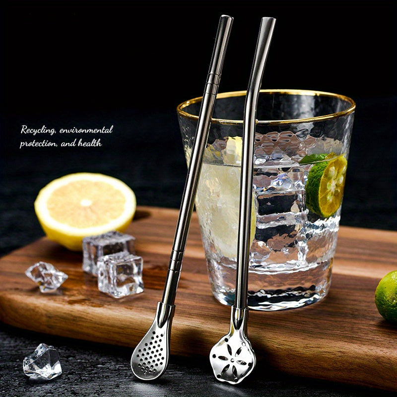 Stainless steel straw spoon for stirring and filtering milk tea, reusable and extended.