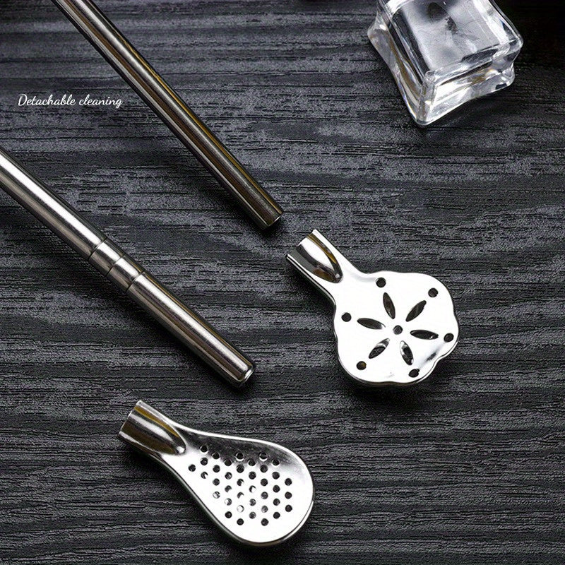 Stainless steel straw spoon for stirring and filtering milk tea, reusable and extended.