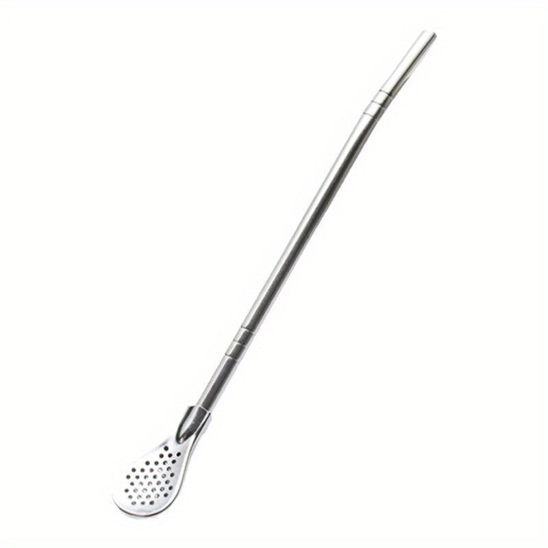 Stainless steel straw spoon for stirring and filtering milk tea, reusable and extended.