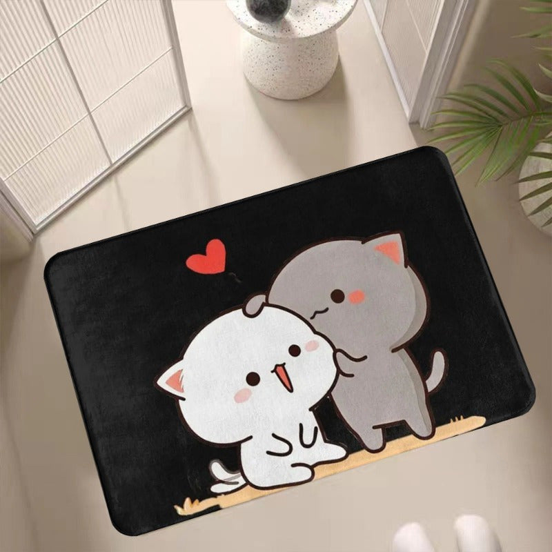 Machine washable Bubu and Dudu Cartoon Cats Flannel Doormat - 1pc Soft Polyester Non-Slip Rug Pad suitable for Living Room, Bedroom, Kitchen, and Balcony. This Cute Animal Design Home Decoration Floor Mat is both stylish and functional.