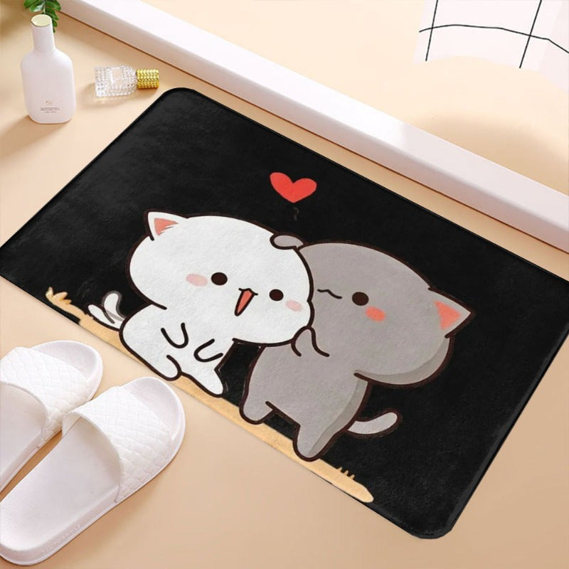 Machine washable Bubu and Dudu Cartoon Cats Flannel Doormat - 1pc Soft Polyester Non-Slip Rug Pad suitable for Living Room, Bedroom, Kitchen, and Balcony. This Cute Animal Design Home Decoration Floor Mat is both stylish and functional.