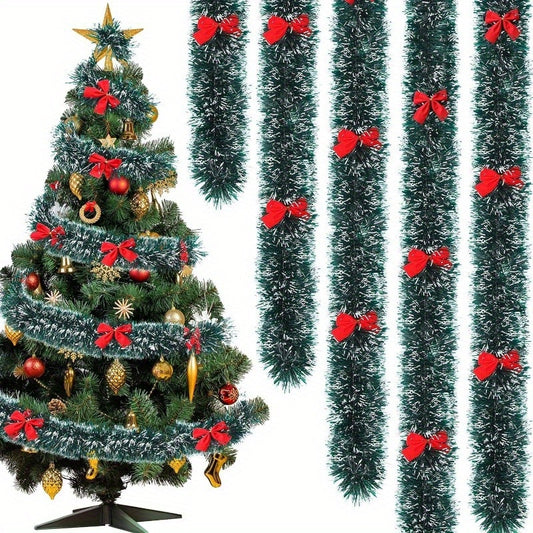 6.1m Vintage Tinsel Christmas Garland with Red Bows - Metallic outdoor decoration for holiday parties and home decor. Easy to shape and cut, perfect for outdoor Christmas decor.