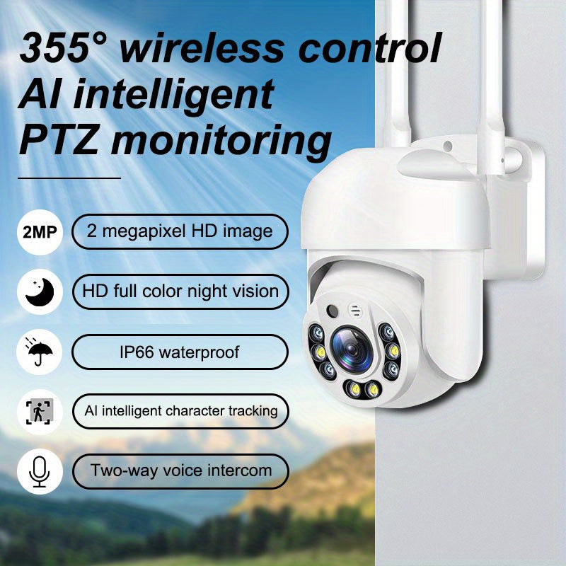 Smart home surveillance with a waterproof WiFi security camera featuring PTZ, 360° panoramic view, AI human detection, two-way audio, and full color night vision.