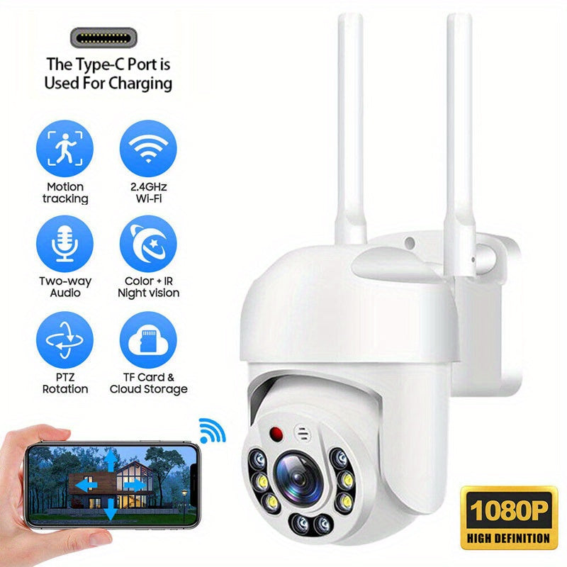 Smart home surveillance with a waterproof WiFi security camera featuring PTZ, 360° panoramic view, AI human detection, two-way audio, and full color night vision.