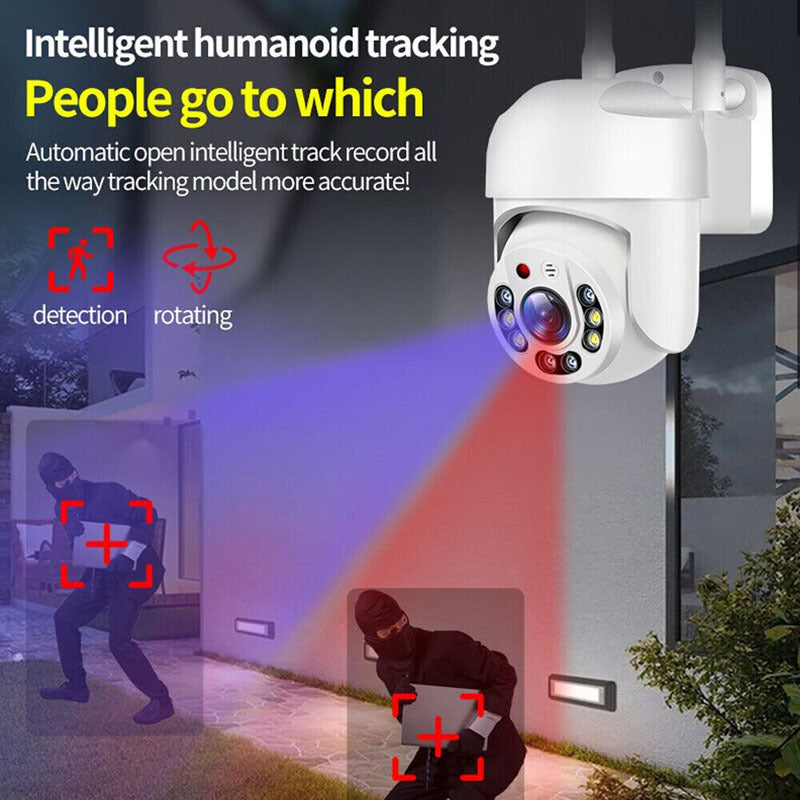 Smart home surveillance with a waterproof WiFi security camera featuring PTZ, 360° panoramic view, AI human detection, two-way audio, and full color night vision.