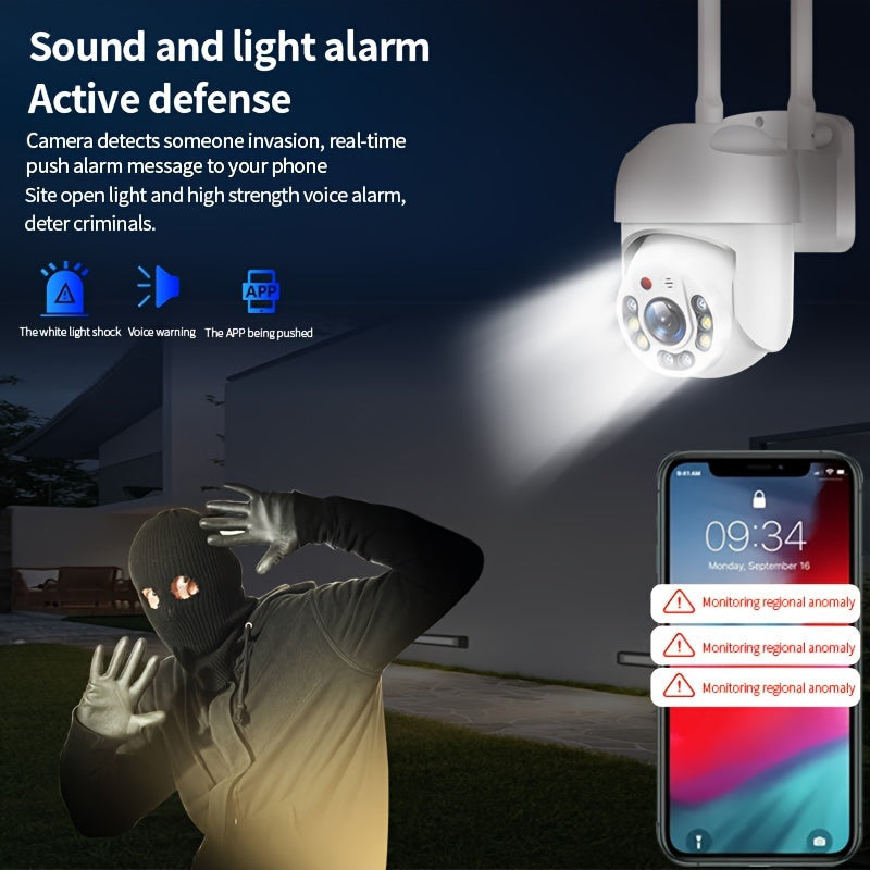 Smart home surveillance with a waterproof WiFi security camera featuring PTZ, 360° panoramic view, AI human detection, two-way audio, and full color night vision.