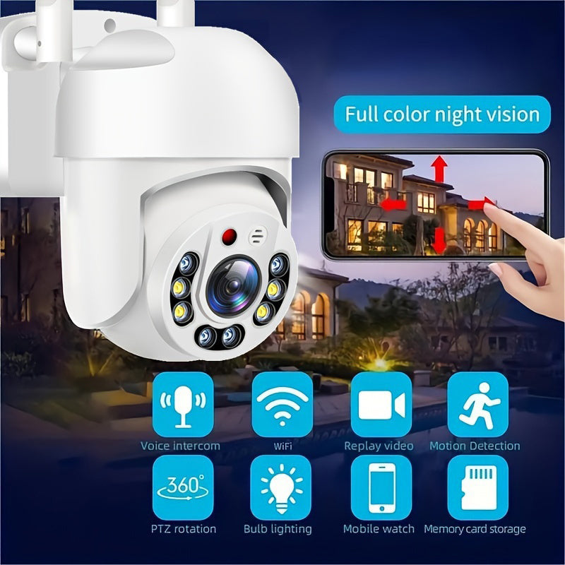 Smart home surveillance with a waterproof WiFi security camera featuring PTZ, 360° panoramic view, AI human detection, two-way audio, and full color night vision.