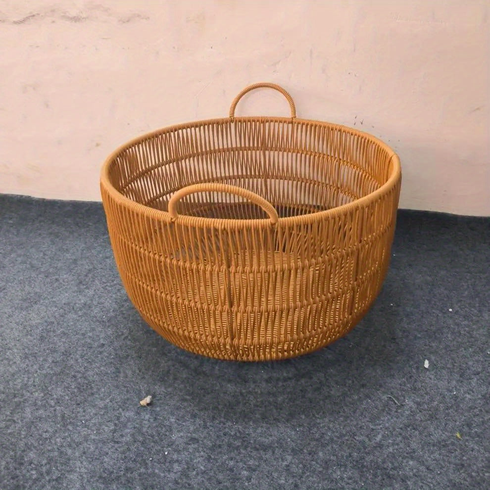 Spacious Round Hamper with Handles - Waterproof Imitation Rattan Laundry Basket for Clothes, Toys & Bathroom Storage