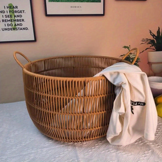 Spacious Round Hamper with Handles - Waterproof Imitation Rattan Laundry Basket for Clothes, Toys & Bathroom Storage