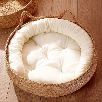 Woven cat basket with bamboo mat, 42.93 cm, includes pillow, ideal for pets.