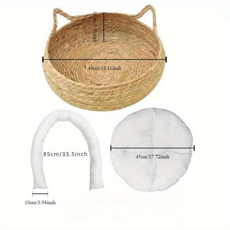 Woven cat basket with bamboo mat, 42.93 cm, includes pillow, ideal for pets.