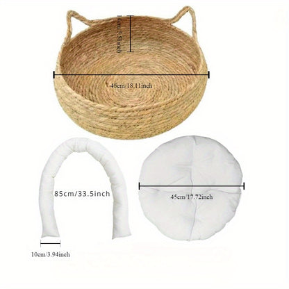 Woven cat basket with bamboo mat, 42.93 cm, includes pillow, ideal for pets.