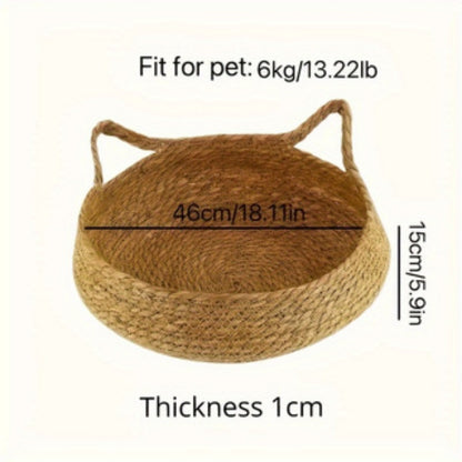 Woven cat basket with bamboo mat, 42.93 cm, includes pillow, ideal for pets.