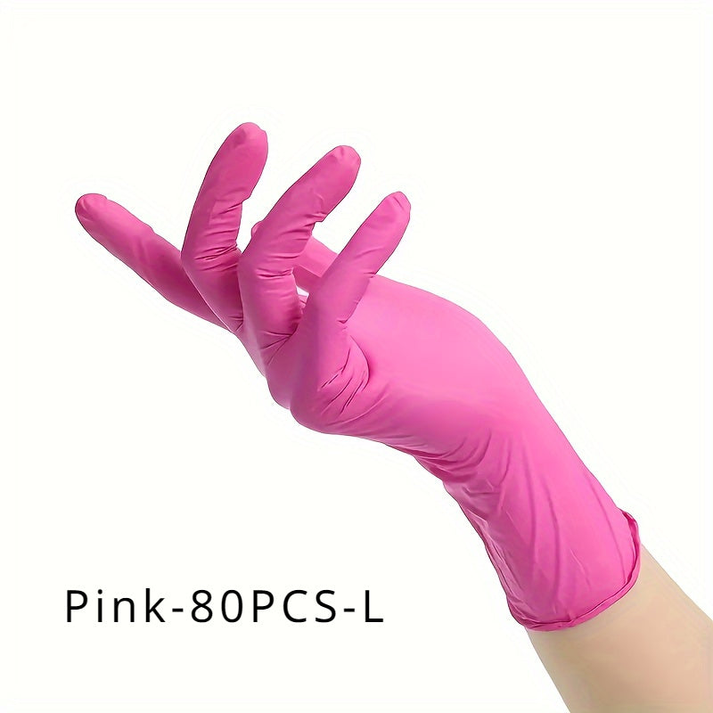 Pink disposable gloves, available in sets of 20, 80, or 150 pieces. These elastic and durable gloves are ideal for tattooing, manicures, kitchen washing, and other disposable apparel needs.