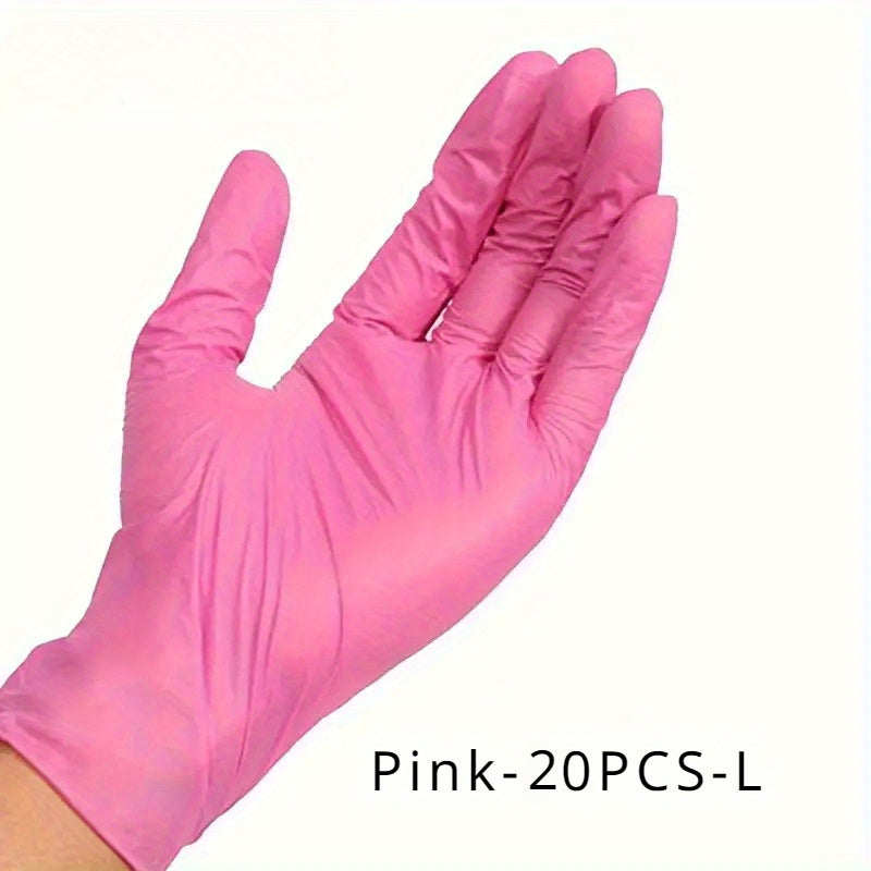 Pink disposable gloves, available in sets of 20, 80, or 150 pieces. These elastic and durable gloves are ideal for tattooing, manicures, kitchen washing, and other disposable apparel needs.