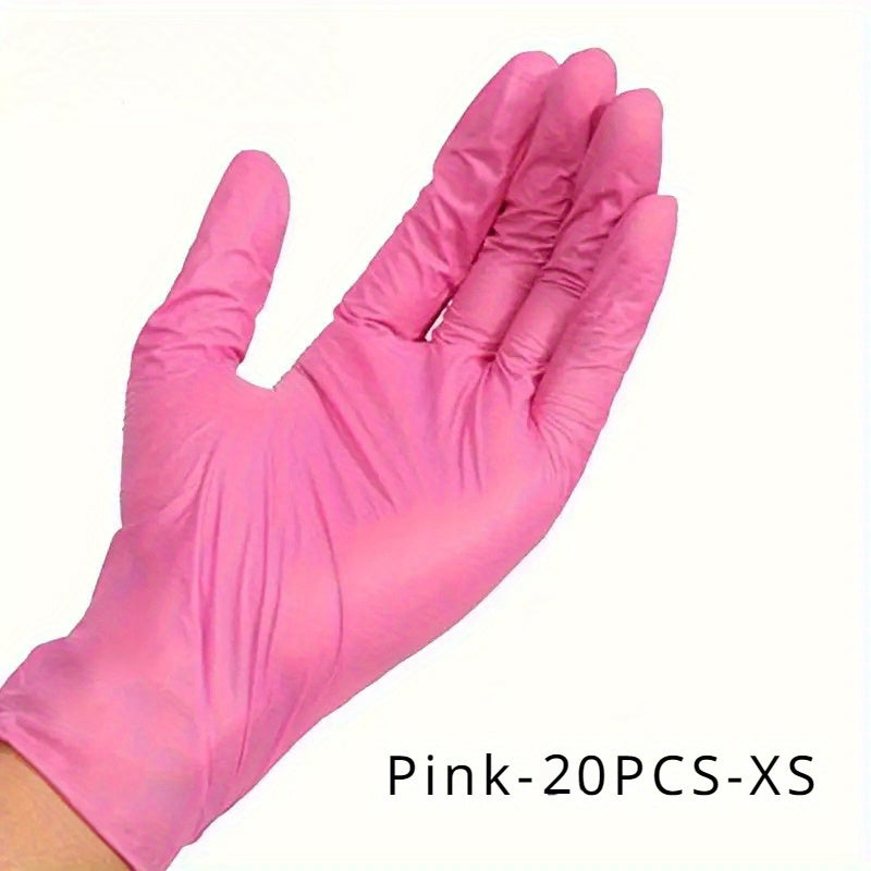 Pink disposable gloves, available in sets of 20, 80, or 150 pieces. These elastic and durable gloves are ideal for tattooing, manicures, kitchen washing, and other disposable apparel needs.