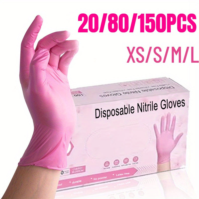 Pink disposable gloves, available in sets of 20, 80, or 150 pieces. These elastic and durable gloves are ideal for tattooing, manicures, kitchen washing, and other disposable apparel needs.