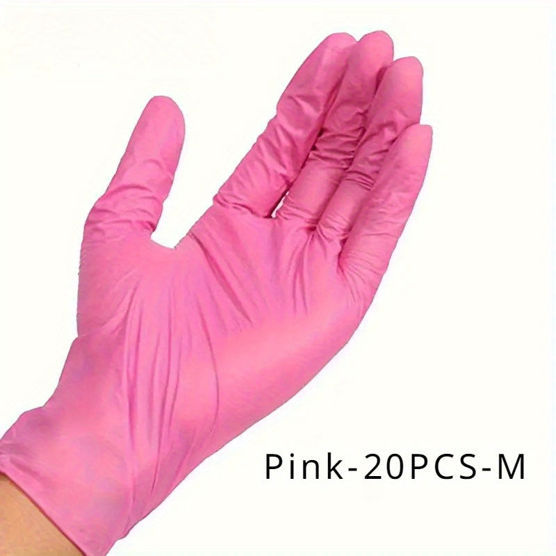 Pink disposable gloves, available in sets of 20, 80, or 150 pieces. These elastic and durable gloves are ideal for tattooing, manicures, kitchen washing, and other disposable apparel needs.