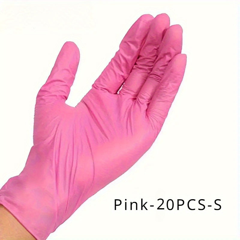 Pink disposable gloves, available in sets of 20, 80, or 150 pieces. These elastic and durable gloves are ideal for tattooing, manicures, kitchen washing, and other disposable apparel needs.