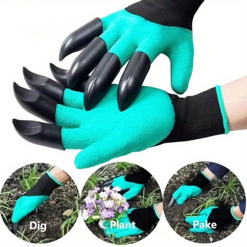 Waterproof garden gloves with claws for digging and planting, puncture-resistant latex material, hand washable protective gear for gardening.