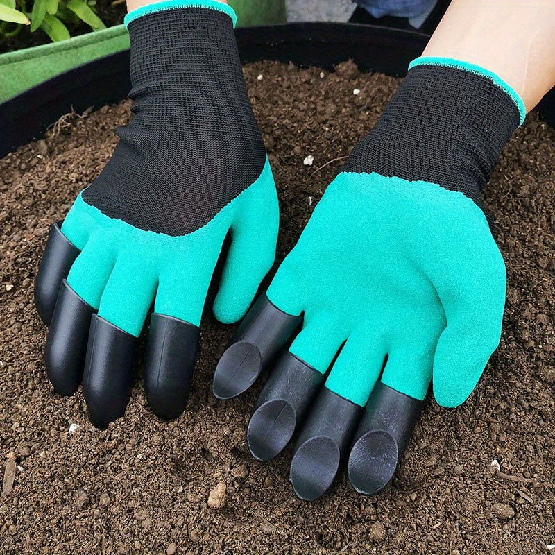 Waterproof garden gloves with claws for digging and planting, puncture-resistant latex material, hand washable protective gear for gardening.