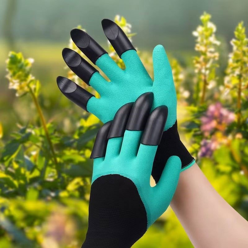 Waterproof garden gloves with claws for digging and planting, puncture-resistant latex material, hand washable protective gear for gardening.