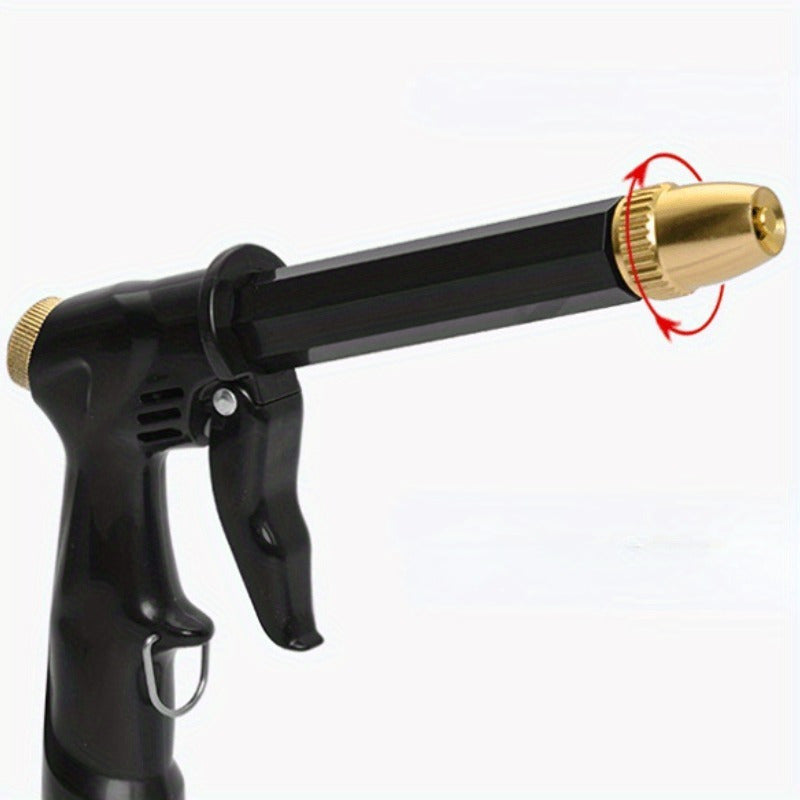 Durable plastic handheld nozzle for plant watering and car wash, no battery needed, with accessories.