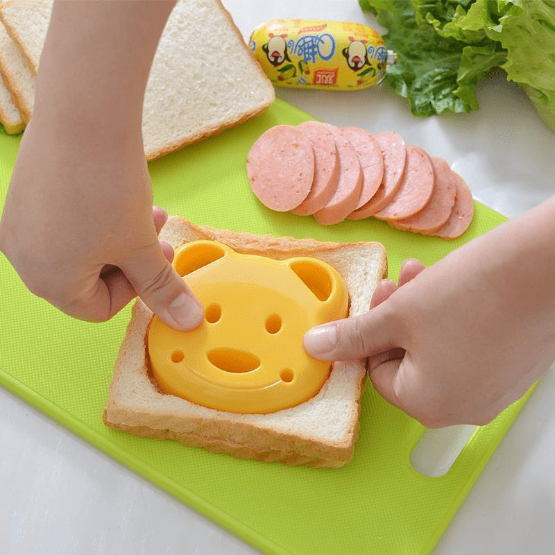 Kids' bear-shaped sandwich cutter made of food-safe plastic for fun lunches and picnics, also a great Easter gift.