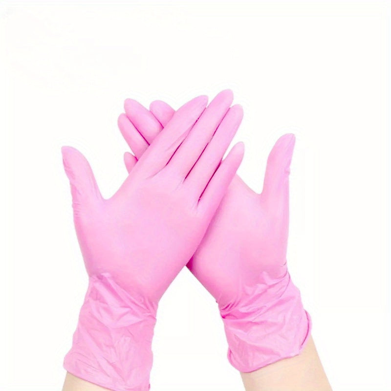 Disposable light pink nitrile gloves for household cleaning, hair dyeing, painting, and food processing. Available in packs of 20, 50, 100, 150, and 200 pieces. Perfect for disposable apparel.