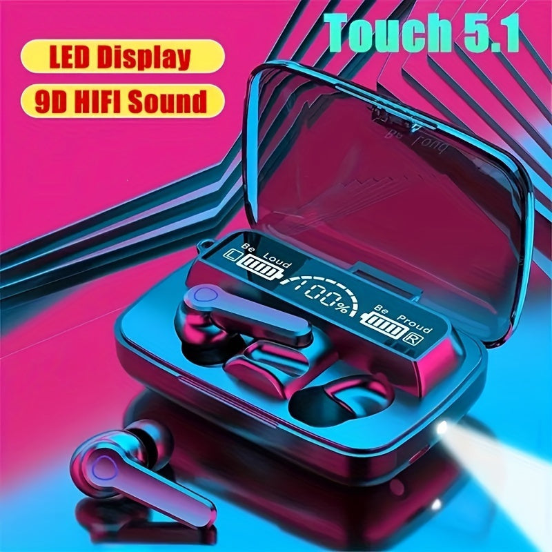 1 Pair of True Wireless Headphones with Digital Display, In-Ear Design, LED Indicator, Motion Activation, Theater Mode, Charging Case, and Extended Battery Life.