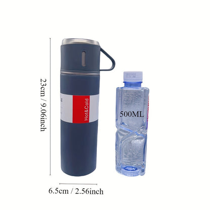 Stainless steel vacuum insulated flask set with 16.9oz shatterproof oval thermal water bottle. BPA-free, hand wash, includes business thermal mug with cup for hot and cold drinks.