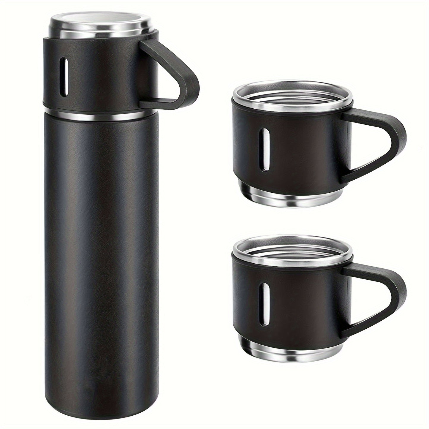 Stainless steel vacuum insulated flask set with 16.9oz shatterproof oval thermal water bottle. BPA-free, hand wash, includes business thermal mug with cup for hot and cold drinks.